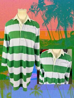 Vintage Early 90s J.Crew Lavender Green Stripe White Collar Rugby Shirt MP